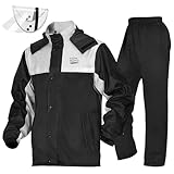 KEMIMOTO Rain Suit for Men, Motorcycle Rain Gear Waterproof Protective Rain Coat with Pants 2 Pieces Rainsuit Breathable Outdoor Fashion Black L