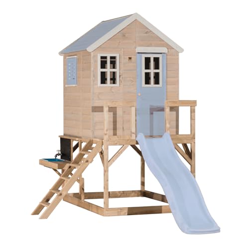 Wendi Toys M22PB-K Cabane sur pilotis avec Toboggan 175 cm et Cuisine extérieure, Bois FSC, 310×197×242 cm, avec échelle, Tableau Noir, Maison de Jeu Enfant, Robuste et résistante, Bleu
