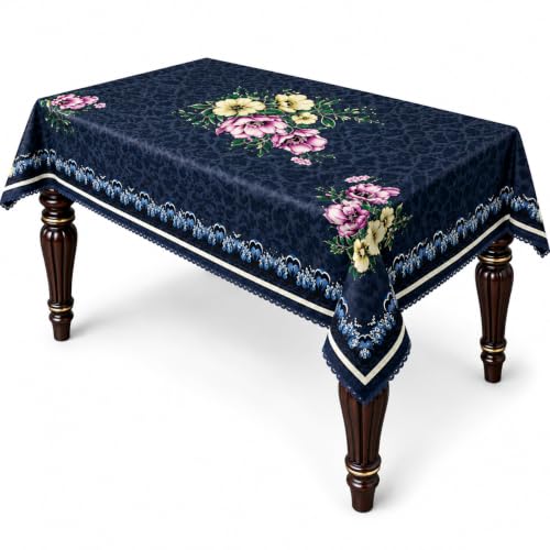 Image of Floral Dining Table Cover for 4 Seater | 58 x 38 Inch Rectangle Polyester Table Cloth | Washable Fabric Table Cover for Dining Table | Dust & Scratch Protection | Blue Saffron