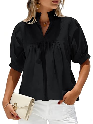 Simplefun Babydoll Shirts For Women Cotton Ruffle Neck Puff Sleeve Tops L
