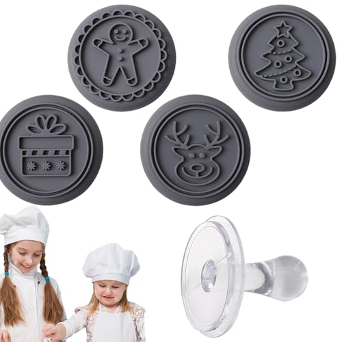 Tampon à biscuits de Noël, ensemble de tampons à biscuits de Noël | 4 modèles d'emporte-pièces en silicone pour estampage,Élans sans danger pour les aliments, boîte, arbres de Noël, hommes en d'épice,