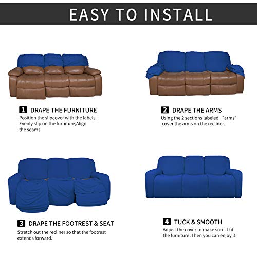 Easy-Going 8 Pieces Microfiber Stretch Sectional Recliner Sofa Slipcover Soft Fitted Fleece 3 Seats Couch Cover Washable Furniture Protector with Elasticity for Kids Pet(Recliner Sofa, Classic Blue)
