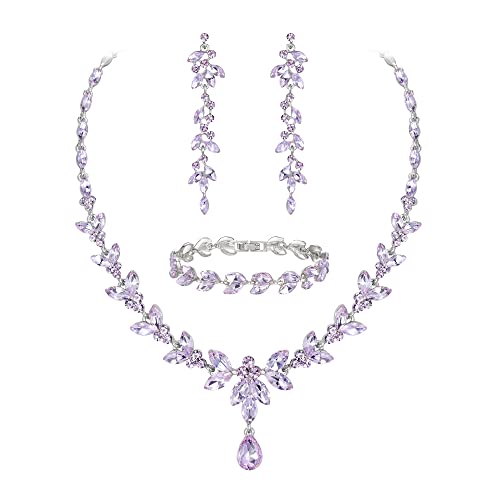 EVER FAITH Parure Bijoux Femme Mariage Mariée en Cristal Autrichien Élégant Collier Boucles d'Oreilles Pendantes et Bracelets 3PCS Ensemble Marquise Avec Feuilles De Strass Violet Clair Ton d'argent