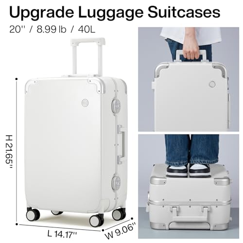 mixi Carry On Luggage 20\'\' Travel Suitcase Rolling Luggage Aluminum Frame PC Hardside with Spinner Wheels & TSA Lock - Smoke White