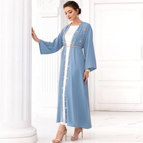 Muslim Abaya Long Sleeve Open Front Rhinestones Kaftan Cardigan Maxi Dress for Women with Belt3