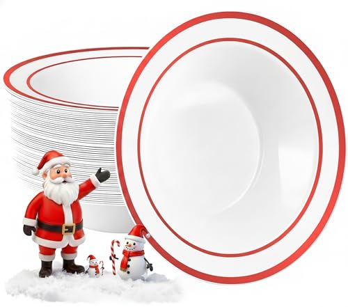 Goodluck 50 Pack Plastic Bowls with Red Rim, 12oz Disposable Soup Bowls, Heavy Duty Dessert Bowls for Weddings, Parties, Christmas Dinners, Catering, Thanksgiving and Everyday Use
