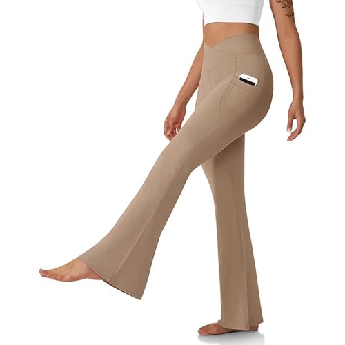 Women's Flare Leggings with Pockets Crossover High Waisted Bootcut Yoga Pants Tummy Control Bell Bottom Leggings