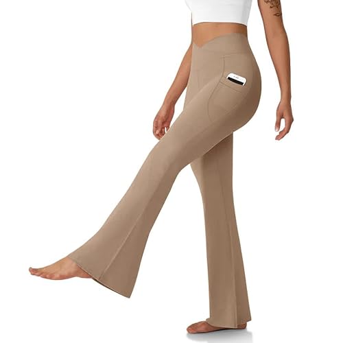 DLOODA Women's Flare Leggings with Pockets Crossover High Waisted Bootcut Yoga Pants Tummy Control Bell Bottom Leggings Coffee Large