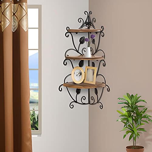 Image of Wooden handicrafts Wooden Stylish Wall Rack Shelves Set of Wall Shelves MDF -Medium Density Fiber Home Decoration Wall Decor (Brown Corner, Wooden Iron 3)