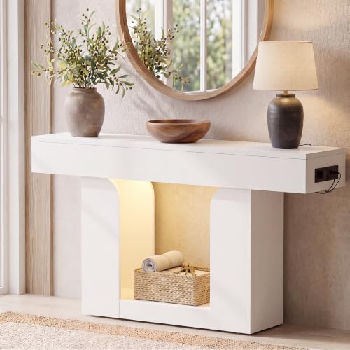 Homieasy Console Table, 47" Entryway Table with Charging Station, White