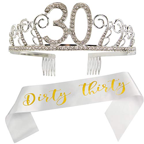 30th Birthday Tiara and Sash, Dirty Thirty Satin Sash and Crystal Rhinestone Tiara Birthday Crown for Happy 30th Birthday Party Supplies and Decorations(Sash+Tiara) /DW White