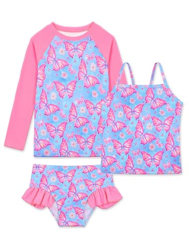 Image of Girls Rash Guard Swimsuit 3 Pieces Long Sleeve UPF50+ Quick Dry Bathing Suit for Toddler 3-12Y