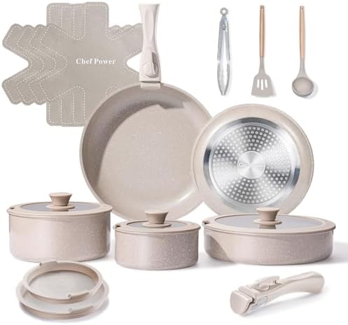Chef Power Ceramic Nonstick Pots and Pans Set 19 Piece with Detac...
