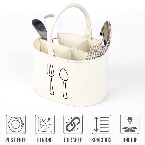 Image of Metal Spoon Stand for kitchen Steel | Cutlery Holder | Spoon Holder | Cutlery stand | Spoon organiser for kitchen - (White 4 partition) (White) 12 months Warranty