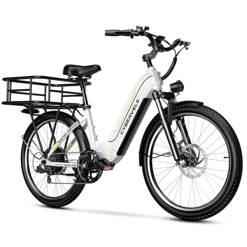 CBVELO Electric Bike for Adults, 26" E Bike for Adults, 48V 25Ah Removable Battery, Step-Thru Womens Electric Bike, Commuter Electric Mountain Bicycle with Rear Rack Basket for Daily Riding-White