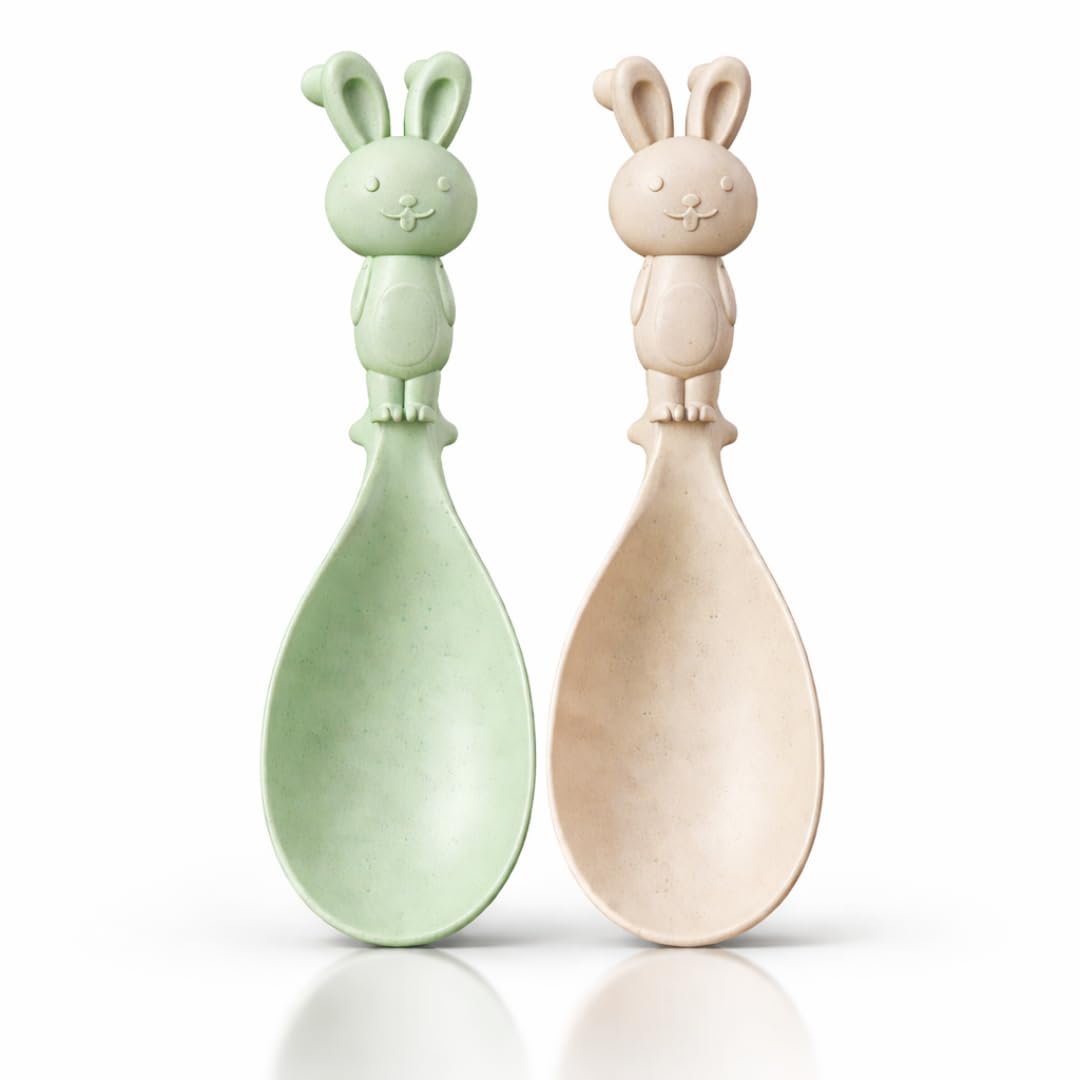 Hasen Reislöffel Set 2er – Niedliche Küchenlöffel aus Kunststoff – Standlöffel mit Ablagefuß – Löffel für Reis, Pfanne & Topf – Creme & Pastellgrün – BOAA Fresh