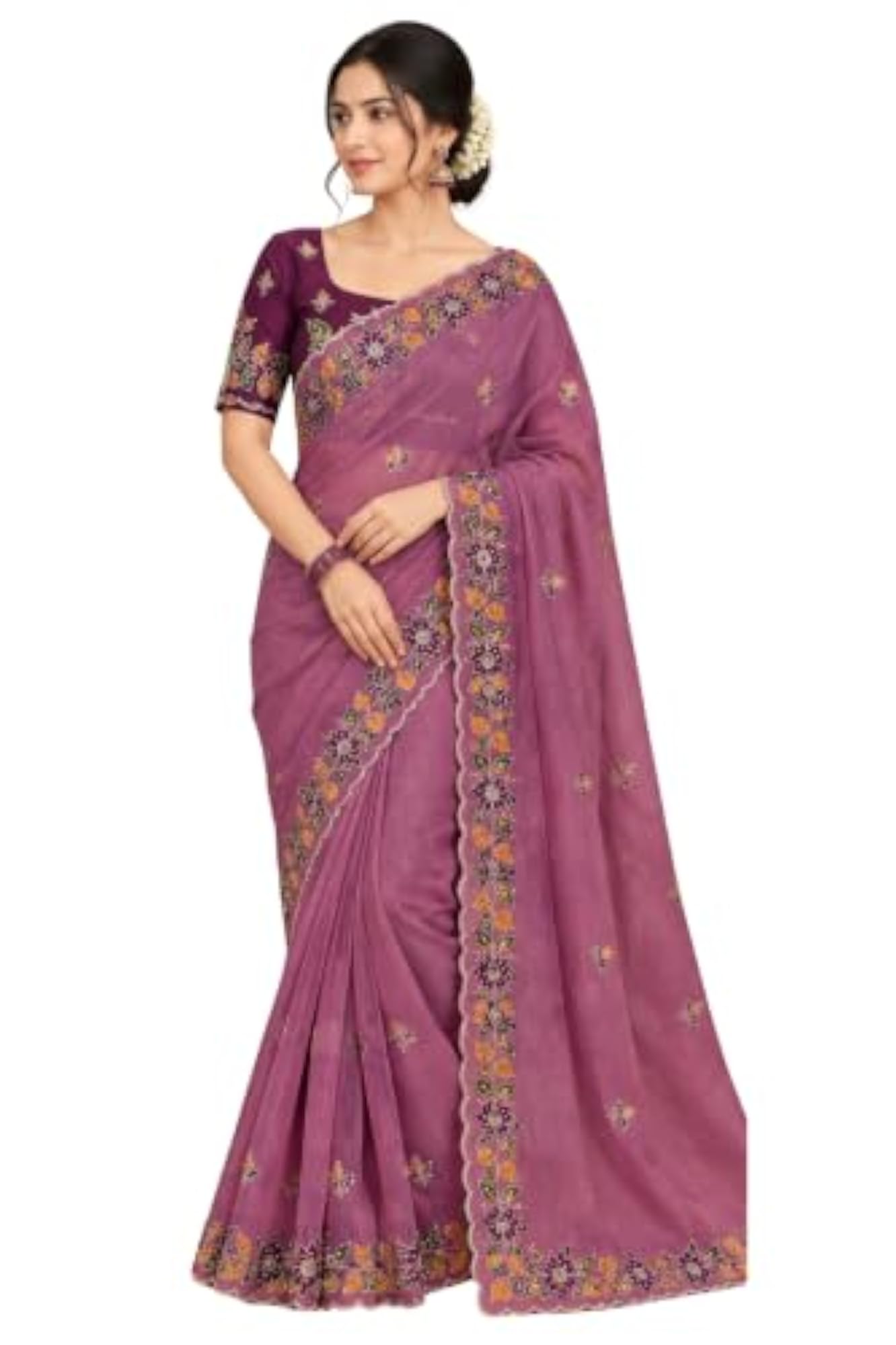 Star Georgette Gold Zari Multicolour Embroidery Saree with Blouse