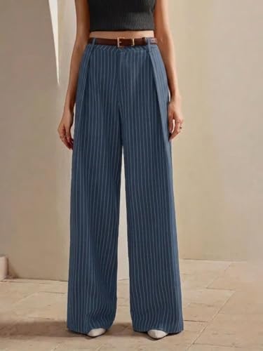 Image of KOTTY Women's Tailored Wide Leg Pinstripe Pants - High Waisted Straight Fit Work Trousers with Pockets, Elegant Office & Business Casual Wear