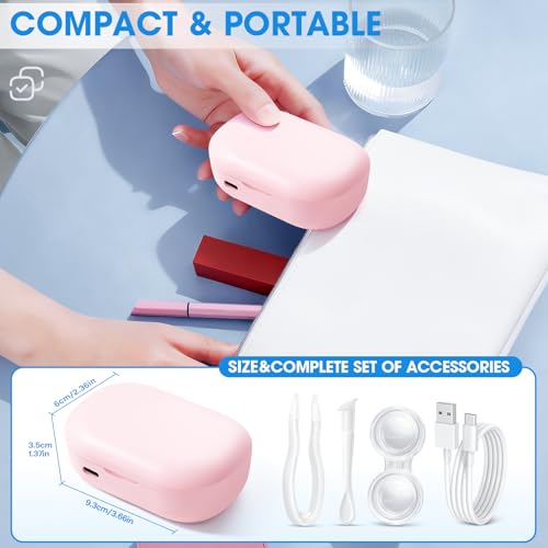Portable Contact Lens Cleaner with Blue Light,LXIANGN Rechargeable Contact Lens Cleaner with Mirror, 3 Timing Modes for Disposal Soft Lens, Hard Lens, Contact Lens (Pink)