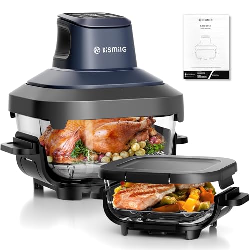 Kismile Glass Air Fryer Non Toxic, 1550W Portable AirFryer with Dual Bowl Design (4.5QT + 1.8QT), 4...