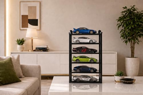 Image of 5-Car Display Rack - Premium Matte Black Tabletop Organizer with Tire Slots & Side Guards for 1:64 Scale Diecast Cars (Hot Wheels, Matchbox, Tomica,)(NO CAR INCLUDED)(Black)