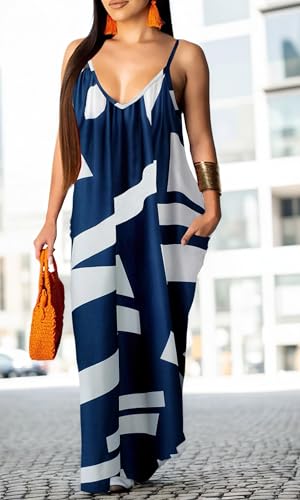 Image of Women's Casual Summer Maxi Dresses Sleeveless Adjustable Spaghetti Strap Loose Plus Size Dresses