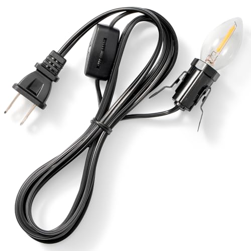 UL Listed 6 FT C7 Accessory Cord with C7 Led Light Bulb Candelabra-Base E12 Lamp Socket with Clips Black Cord with On/Off Switch Plug for Christmas Village Houses Snow Village Nativity Lights