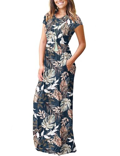 Image of MISFAY Women's Short Sleeve Maxi Dresses Long Casual Dresses with Pockets | Empire Elastic Waist, Crew Neck, Floor Length, Strentchy Flowy A Line Fit, Loose Plain Summer Outfits, Vacation Wear