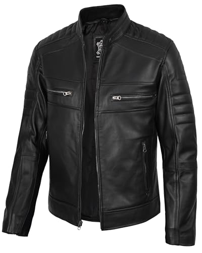 fjackets Cafe Racer Leather Jacket Men - Black Zip Up Jacket