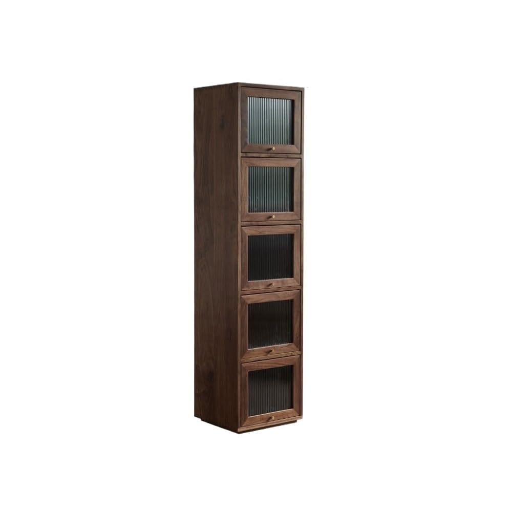 Gabinete de Bar de Vinos Industrial Vitrina de madera maciza de 182 x 40 x 45 cm for sala de estar, vitrina de almacenamiento de nogal con cinco puertas de cristal, mueble de almacenamiento retro.