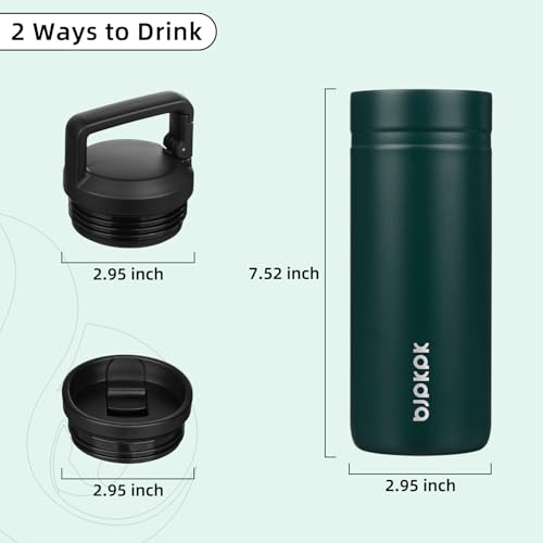 Image of BJPKPK 20 oz Insulated Travel Water Bottle, Coffee Tumbler Stainless Steel | Double Wall Vacuum, Leakproof, Thermal, Keeps Hot /Cold, Dishwasher Safe, Spill Proof, Wide Mouth, 2 Lids, Dark Green
