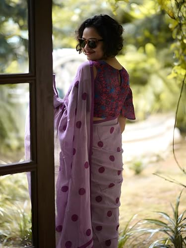 Image of Sidhidata Women's Polka Dot Printed Linen Cotton Saree With Unstitched Blouse Piece (Laddu Free Size)