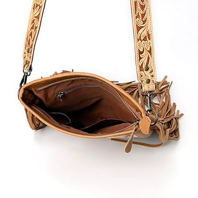 Merbaa Berlin hand-carved Fringed Shoulder Bag Natural Cowhide Hand Bag with Floral Hand Tooling