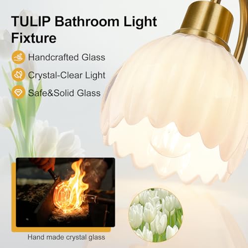 Image of Bathroom Light Fixtures, 3-Light Gold Vanity Light Fixtures with White Tulip Glass Shades, Bathroom Lighting Fixtures Over Mirror for Bedroom, Living Room & Hallway (Bulbs Not Included)