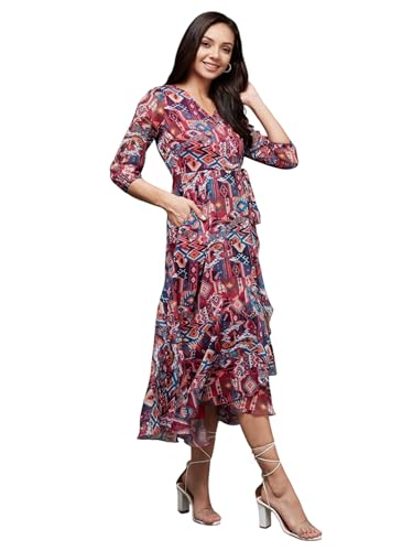 Image of Miss Chase Women's V Neck Full Sleeves Relaxed Fit Midi Length Dress