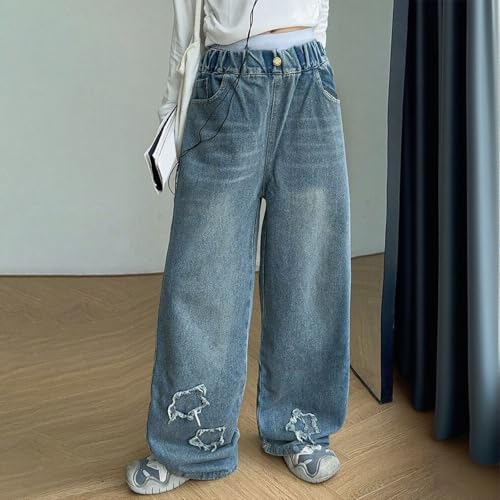 Kids Girls Jeans Wide Leg Baggy Button Denim Pants Elastic High Waist Trousers Breathable Trendy Streetwear with Pockets4
