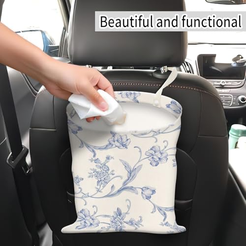 Image of Car Trash Can, Hanging Garbage Bin for Men and Women, Cute Car Organizer and Storage Bag, Canvas Vehicle Trash Can Bag Easy-to-Install Cute Blue Floral
