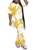 PINSV Womens Sets 2 Piece Outfits Casual Short Sleeve Top and Flare Pants Lounge Sets Tracksuit Yellow Tie dye XXL