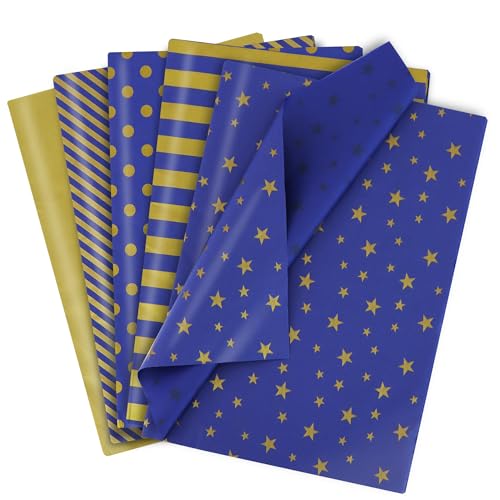 BEISHIDA 100 Sheets Blue Gold Tissue Paper Bulk for Gift Wrapping Gift Bags
