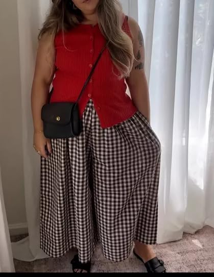 Women Plaid Wide Leg Pants Elastic Waist Gingham Palazzo Trousers Culottes Casual Flowy Cropped Pants with Pockets4