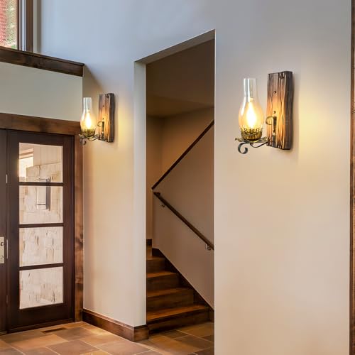 Image of Rustic Wall Sconces Sets of 2, Oil Rubbed Bronze Wall Sconce Indoor Retro Wall Lamps with Amber Glass E12 Wood Bedside Wall Light Fixture for Hallway Living Room Bedroom Fireplace