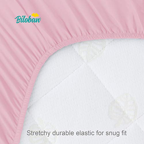 Biloban Mini Crib Sheets,Pack N Play Sheet Fitted, 2 Pack Portable Playard Sheets, Ultra Soft Microfiber Pack And Play Sheets, White & Pink, Preshrunk #TOP3