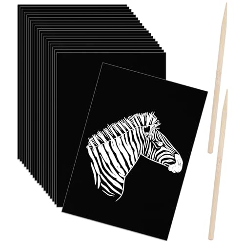 Lot de 24 feuilles de papier à gratter noir avec bâton en bois pour enfants et adultes