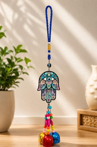 Image of Evil Eye Hamsa Wall Hanging Charm - Multicolor Traditional Protection Amulet with Colorful Beads and Bells for Home Decor, Office, Car, and Gifting (35 cm)