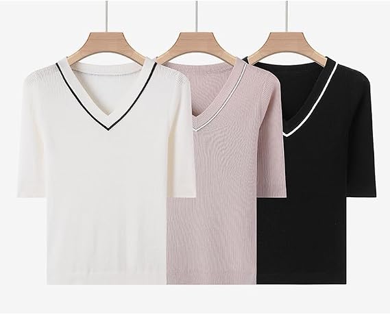 Women's Biella Merino V-Neck Sweater | 12-Gauge Half Sleeve Color-Block Lightweight Transitional Pullover, BD4521217