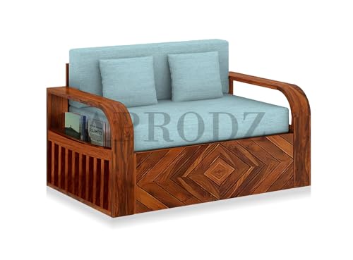 Image of APRODZ Solid Wood Sofa Cum Bed 2 Seater with Side Storage Velevt Fabric with Two Cushions Perfect Sofa Furniture for Home Living Office Room and Guests (Honey Finish 75x51x30-Inch)