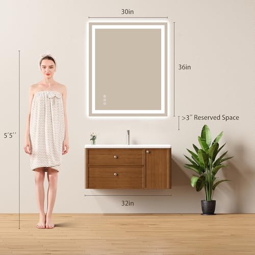 Image of 30x36 LED Bathroom Mirror with Lights - Dimmable, Anti-Fog, 3 Color Backlit & Front Lit Mirror for Bathroom, Shatter-Proof Tempered Glass, Easy Installation
