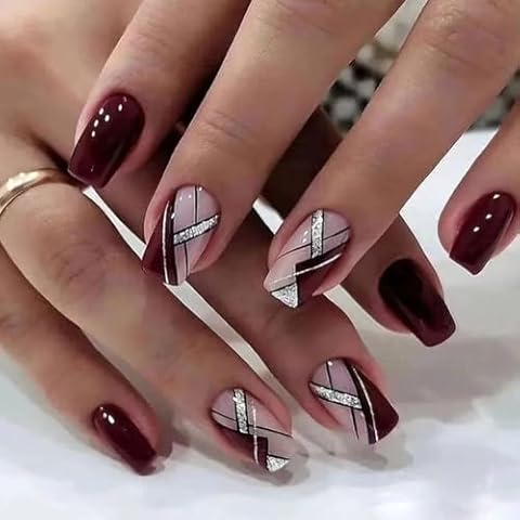 Medium Press On Nails, Acrylic Nails Press on, Medium Length Press On Nails Fake Nails Square Liquor Red False Nails with Glitter Line Press ons Designs Artificial Stick on Nails for Women 24Pcs Cover
