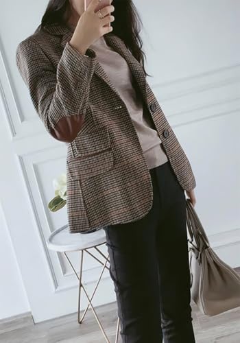 ebossy Womens Vintage Nothced Lapel Single Breasted Boyfriend Blazer Suits Houndstooth Plaid Jacket Coat with Patched Elbow4