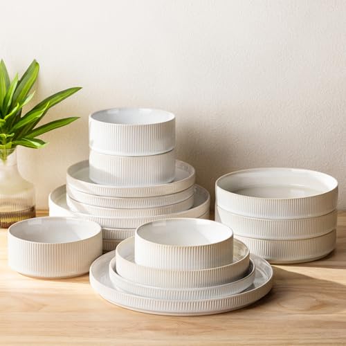 Image of TheTerra Ceramic Dinnerware Sets for 4, 16 Pieces Porcelain Lightweight Plates and Bowls Sets, Scratch Resistant Dish Set, Oven & Microwave & Dishwasher Safe,Reactive White